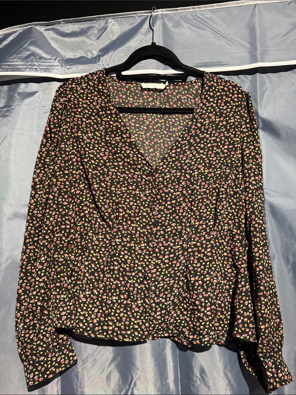 All in Favor Black V-Neck Blouse with Pink & Green Floral